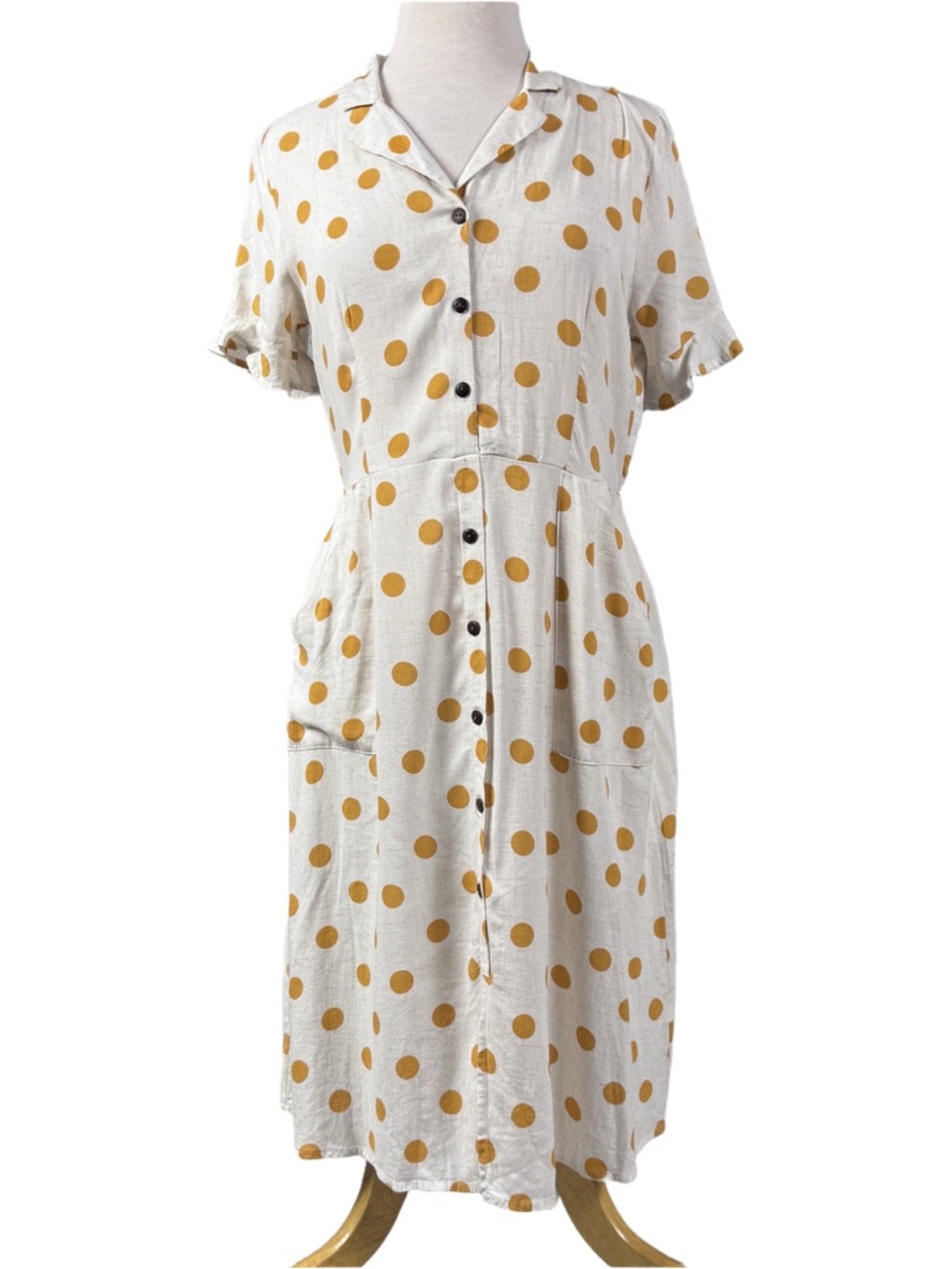 Monteau Women’s Size L Cream Dress with Mustard Polka Dots Linen Blend